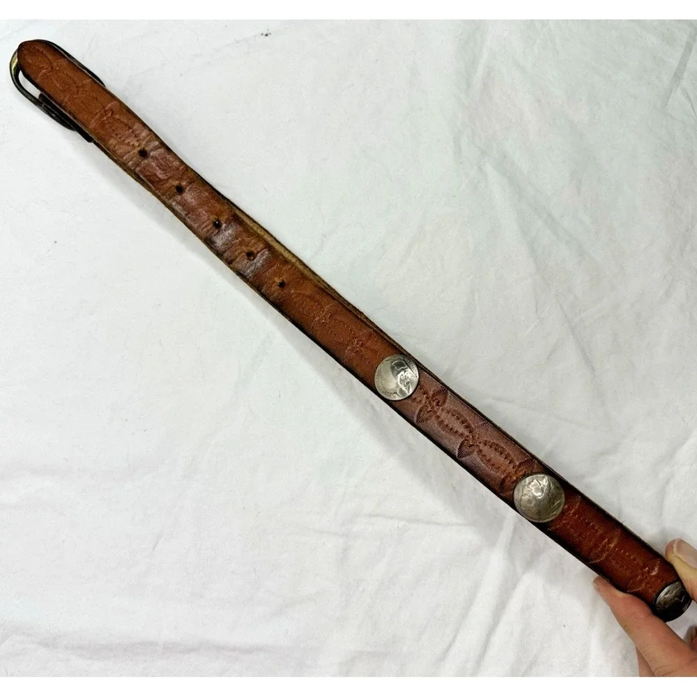 Buffalo Head Nickel Youth Belt 28 Handcrafted Brown Leather Tooled Western Vtg